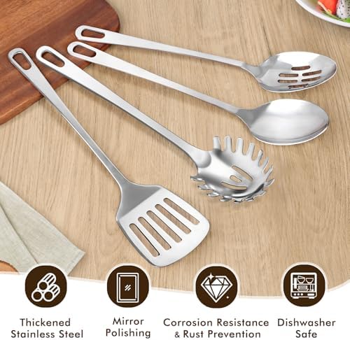 3 Pcs Stainless Steel Cooking Utensils Set, Heat Resistant Kitchen Utensils, Metal Kitchen Tools Include Solid & Slotted Spoon, Pasta Server, Ergonomic Handle, Dishwasher Safe, Easy to Clean, Silver - Image 3