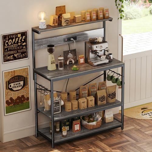 SUPERJARE Bakers Rack with Power Outlets, Microwave Stand, 39.4 X 14.3 Inch Larger Desktop, Kitchen Storage Rack with Adjustable Middle Shelf, 6 S-Shaped Hooks, Coffee Bar Stand, Grey - Image 4