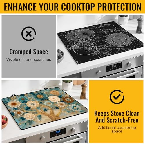 NYZE Stove Top Cover for Electric Stove 28x20 Inch Silicone Stove Topper & Protector, Decorative Kitchen Mat for Electric/Glass Stove Top (Cream & Gold Floral Tree) - Image 5