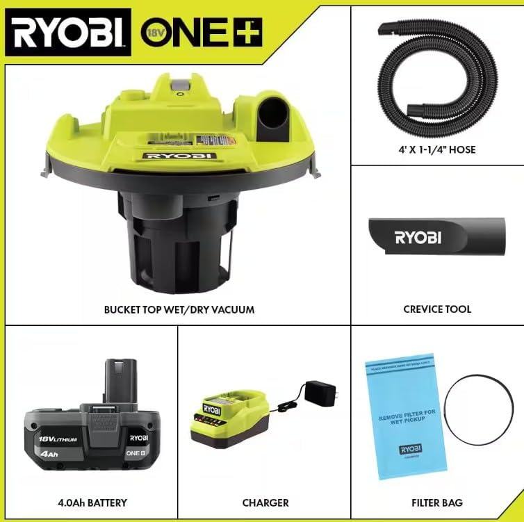 RYOBI ONE+ 18V Cordless 5 Gal. Wet/Dry Vacuum Kit with 1-1/4 in. Hose, Crevice Tool, 4.0 Ah Battery, and Charger - Image 2