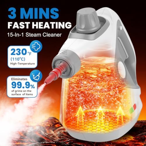 Handheld Steam Cleaner for Home, Pressurized Portable Steamer for Cleaning with 15 Accessories for Multi-Surface Cleaning, Floors, Tiles, Grout, Kitchen, Bathroom, Couch & Car(Gray Cap&Gray Handle) - Image 2