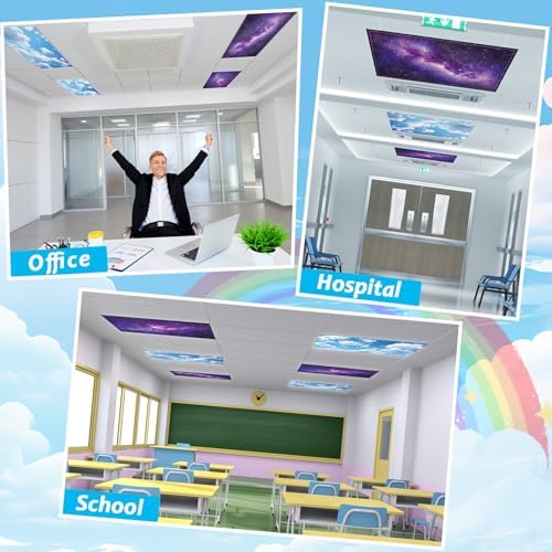 Wiooffen 4Pcs Fluorescent Light Covers for Classroom Ceiling Light 4x2Ft Magnetic Lights Covers Filter Easy Install for Office School Hospitals Ceiling Supply(Purple Starry Sky, White Cloud) - Image 5
