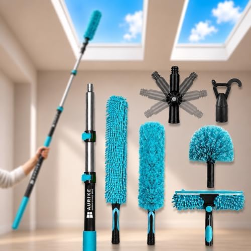 High Ceiling Duster Kit with 4-12FT Heavy Duty Extension Pole, Reaches Up to 20FT, Includes Microfiber Feather Duster, Cobweb and Ceiling Fan Duster, Window Squeegee Cleaner & Skylight Hook (12FT) by Unknown