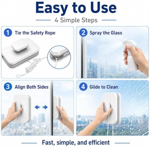 6-in-1 Magnetic Window Cleaner, 2027 Upgraded Double Sided Glass Cleaning Tool with Strong Magnets, Dual-Action Window Wiper with Anti-Fall Rope for Home Car Office，Fits 15-26mm Glass - Image 4