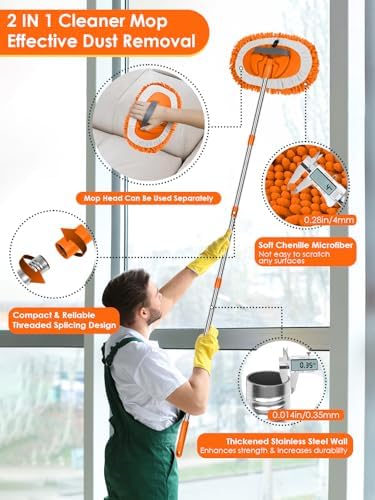 2 in 1 Lightweight Wall Cleaner Mop with Long Handle 75" 190cm Lint-Free Chenille Duster Mop for Kitchen Baseboard Floor Ceiling Glass Window Roof Adjustable Cleaning Brush Tool, 2 Replacement Heads - Image 2