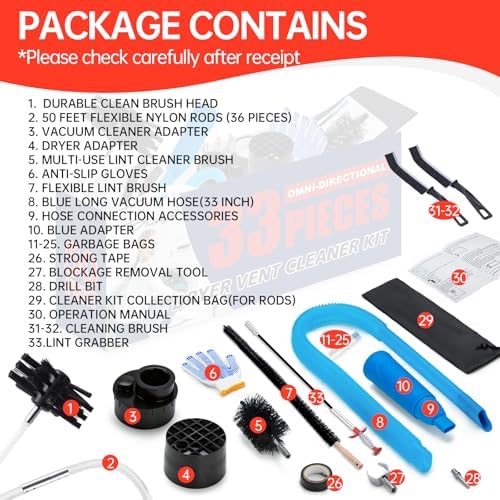 Dryer Vent Cleaner Kit, Bluesea 33-Piece Omnidirectional Dryer Cleaning Kit Include 50 Feet Dryer Vent Brush, Upgrade Noiseless Dryer Lint Vacuum Attachment, Lint Trap Brush, Vacuum & Dryer Adapters - Image 6
