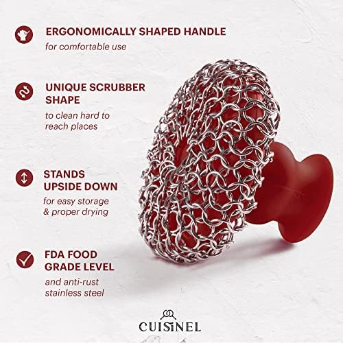 Cast Iron Chainmail Scrubber + Pan Scraper - Ergonomic Stainless and Silicone Cleaner for Pots and Skillets - Premium Food-Safe Design - Easy to Clean Dishwasher Safe Cookware Sponge Kitchen Accessory - Image 3