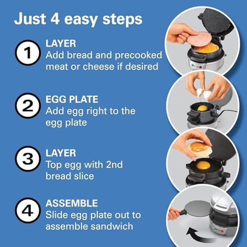 Hamilton Beach Breakfast Sandwich Maker with Egg Cooker Ring,Customize Ingredients,Perfect for English Muffins,Croissants,Mini Waffles,Perfect White Elephant Gifts,Silver (25475),(Pack of 4) - Image 5