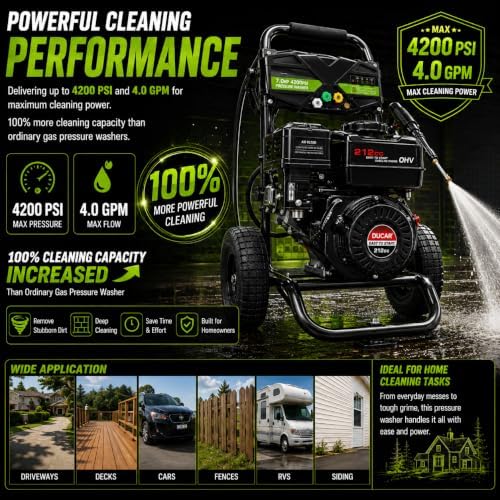 4200PSI Gas Pressure Washer 4.0GPM Gas Power Washer Gas Powered Washing Machine Commercial High Pressure Washer with 32ft Hose Reel&5 Nozzles for Patio Garden Yard Vehicle,EPA/CARB/ETL - Image 2