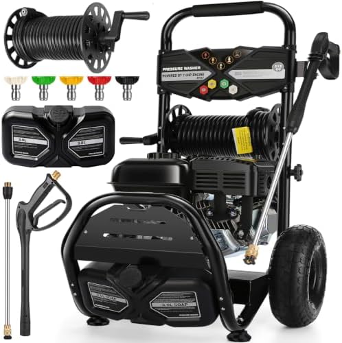 Professional 4200PSI 4GPM 212CC Gas Pressure Washer, 7.0HP Heavy-Duty 3600RPM Commercial Gas Power Washer with 10" Wheels 3000ML Foam Bottle 5 Nozzles 33FT Hose Reel (EPA/CARB/ETL Compliant), GBlack by IvyBess