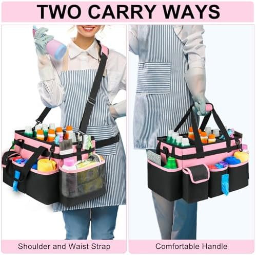 Cleaning Caddy,Large Cleaning Bags for Housekeepers,Cleaning Supplies Organizer with Handle,Pink - Image 5