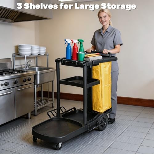 NORTHSKY Janitorial Cart, 3-Shelf Cleaning Carts on Wheels,Commercial Traditional Plastic Housekeeping Cart with 2 Yellow Vinyl Bag (Matte Black) - Image 4