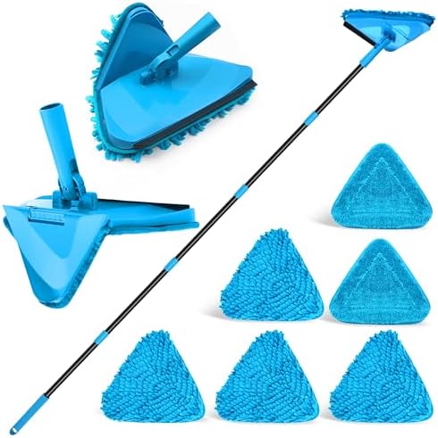 NEWE Wall Mop Cleaner with 80 Inch Long Handle, 180° Folding Ceiling Cleaner with Squeegee, Cabinet Cleaning Tool, Wall Scrubber, Triangle Baseboard Scrubber, 4 Chenille Duster & 2 Microfiber Pads by NEWE