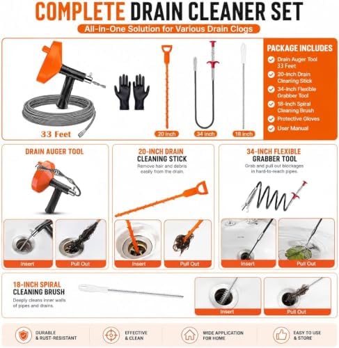 33 FT Drain Snake Auger, Plumbing Snake Drain Hair Clog Removal Tool, Sink Unclogger Drain, Heavy Duty Drum Auger, Cleaner Tool for Bathroom Kitchen Tub Shower Drain Clog Remover with Gloves - Image 2