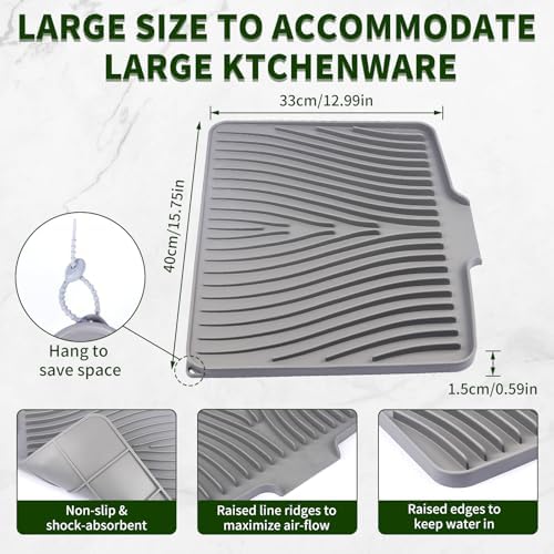 Silicone Dish Drying Mat for Kitchen Counter, 16" x 13" Grey-1pcs - Image 3