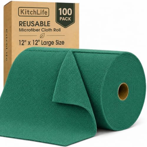 Microfiber Cleaning Cloth Roll, 100 Pack 12 x 12 Inch Tear Away Reusable Paper Towels, Thick Cleaning Towels, Absorbent Lint Free Washable Rags for Kitchen, Car, Garage and Workshop - Forest Green by OverDoorHooksKitchenSupplies