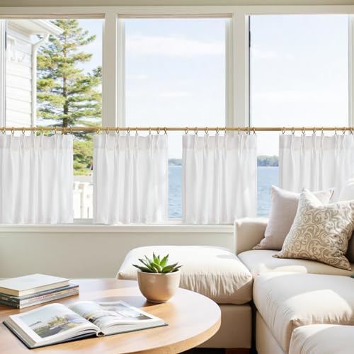 jinchan Pinch Pleated Linen Back Tab Tier Curtains, 26x24, White - Image 2