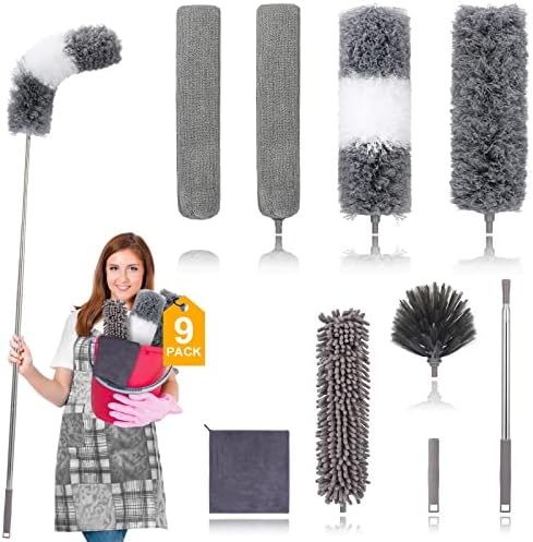 Microfiber Duster for Cleaning Fan, High Ceiling, Blinds, Furniture, Cars , 9PCS Extendable Feather Duster (Stainless Steel) 30 to 100 Inches, Reusable Bendable Washable by DEEHYO