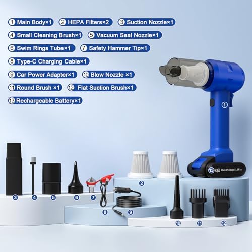 Vinid Handheld Car Vacuum Cleaner, 12000Pa Cordless Wet/Dry Vacuum & Air Blower, with Safety Hammer & Seatbelt Cutter, 80W 6000mAh Battery, HEPA Filter, Type-C Charging for Car Home Emergency, Blue - Image 6