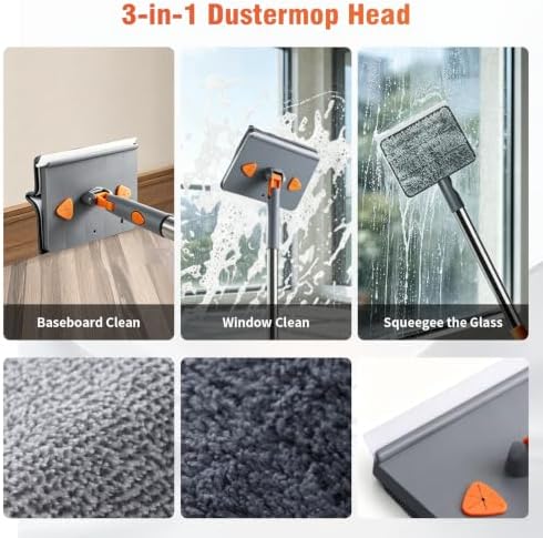 Baseboard and Ceiling Fan Cleaner Tool with 80" Extendable Long Handle, 2-in-1 Baseboard Cleaner with Squeegee，7 Reusable Pads for Baseboards,Ceiling Fan,Floor,Glass,Ceiling and Wall Cleaning - Image 4
