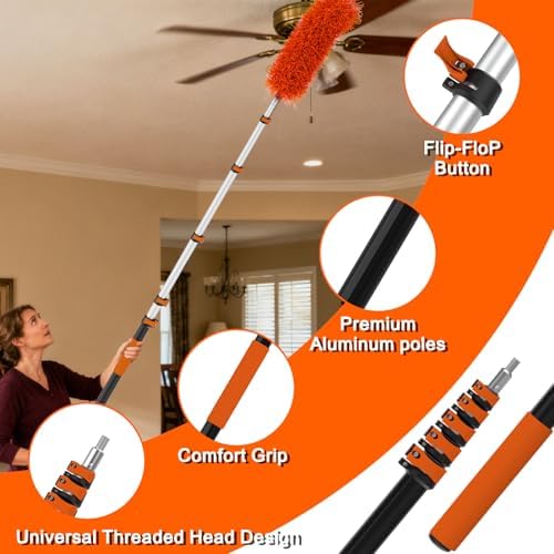 30FT Reach Duster Kit, Window Cleaning with 5-24FT Telescoping Extension Pole, High Ceiling Duster, Microfiber Feather Duster, Cobweb Duster, Window Squeegee, Feather Duster, Extendable Pole Kit - Image 4