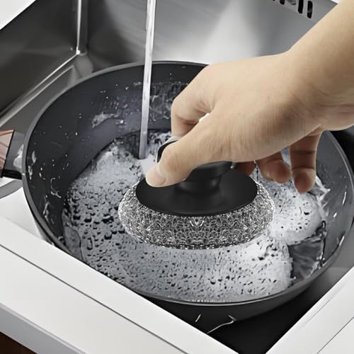 Scrubber with Handle Comes with Three Replacement Balls Steel Wool, Short Handle Scrubber, Steel Wool Scrubber Supplies Dish Scrubber, Stainless Steel Scrubber Tool Metal Scrubber for Dishes - Image 5