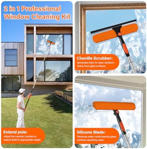 14" Window Squeegee with Extension Pole,26FT Reach High Window Washers for High Outside Windows,Professional Window Cleaning Tool Kit Include Replacement,180°Rotatable Squeegee for Indoor/Outdoor - Image 5