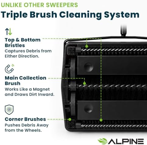 Alpine Manual Carpet Sweeper Triple Brush – Cordless Non Electric Multi-Surface Floor Brush Hardwood Floor Cleaner Easy Sweeping for Carpeted Floors (Improved Black) - Image 5