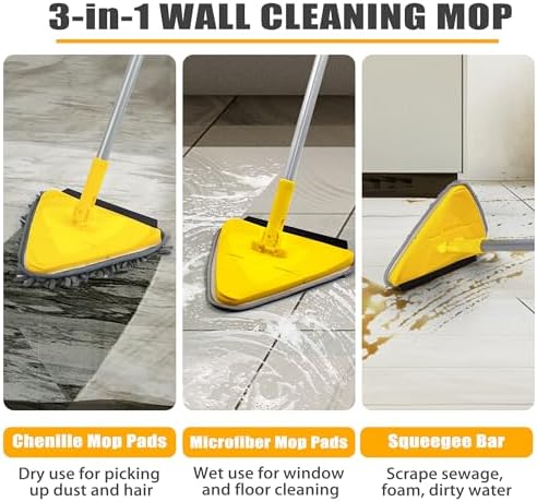 JEHONN Wall Mop with Long Handle 80 Inches, Upgraded 180° Collapsible Baseboard Cleaner Tool with Squeegee, Ceiling Duster with 3 Microfiber and 3 Chenille Pads for Cleaning Window, Cabinet (Yellow) - Image 4