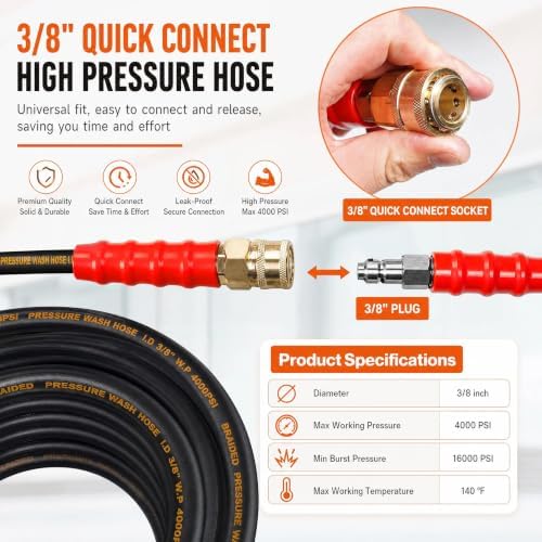 LIULO TOOL 50 FT Pressure Washer Hose with 3/8" Quick Connect, 4000 PSI Kink Resistant High Tensile Wire Power Washer Hose - Image 2