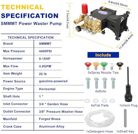 Pressure Washer Pump Max 4400 PSI 4 GPM, 1" Shaft Horizontal Gas Power Washer Pump Replacement, Direct Drive Triplex Plunger Replacement Pump with Pressure Adjustment Unloader - Image 6
