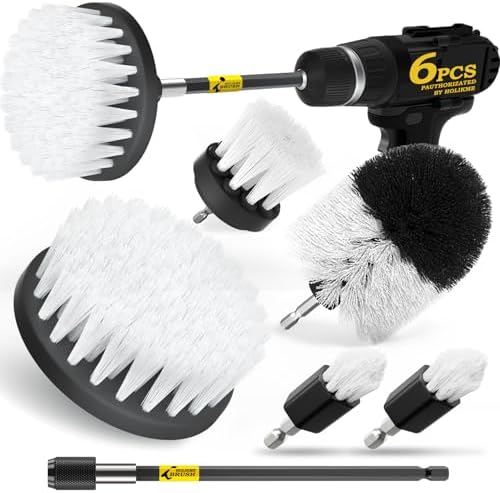 Holikme 6Pack Drill Brush Power Scrubber Cleaning Brush Extended Long Attachment Set All Purpose Drill Scrub Brushes Kit for Grout, Floor, Tub, Shower, Tile, Bathroom and Kitchen Surface White by Holikme