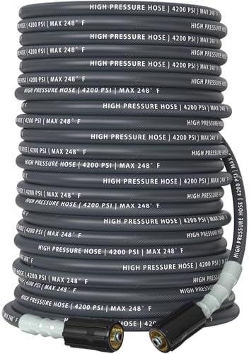 Pressure Washer Hose 150 ft, 4200 PSI Flexible & Kink-Resistant, Steel-Braided & Durable, High Power Washer Hose with M22-14mm Stainless Steel Plug, Hot/Cold Water Compatible - 50 Foot, Gray by Unknown