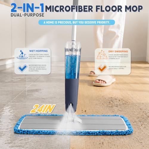 24" Spray Mop Wet Dry Heavy Duty 28oz 55" Handle 2 Pads Blue - Image 3