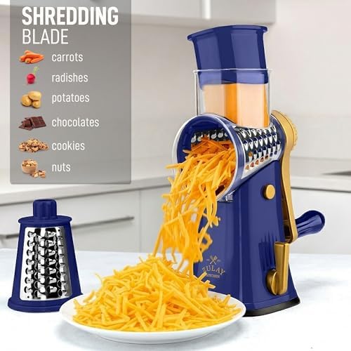 Rotary Cheese Grater Manual Hand Crank 5 Blade Shredder, Blue & Gold - Image 3