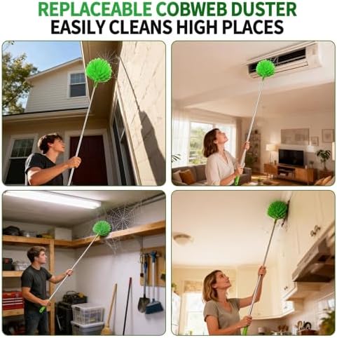 Cobweb Duster with Extension Pole, Washable Cleaning Duster Kit with 3 Duster Heads, Cobweb Duster, Corner Brush, Aluminum Telescoping Pole for high Ceiling Fan，Spider Web Brush with Extension Pole - Image 4