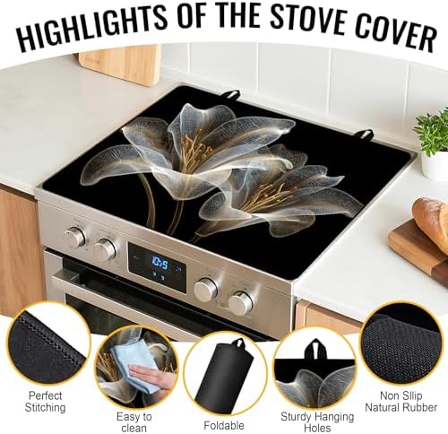 NYZE Stove Top Cover for Electric Stove 28x20 Inch Silicone Stove Topper & Protector, Scratch-Resistant Decorative Kitchen Mat for Electric/Glass Stove Top (Transparent Lily) - Image 2
