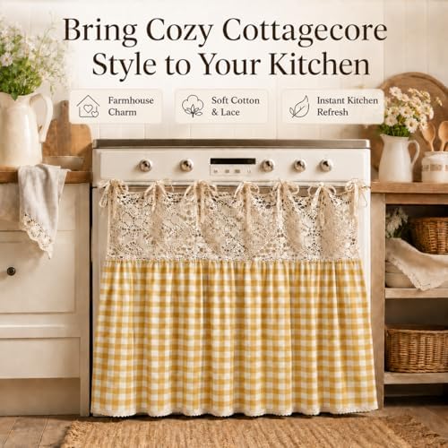 Vintage Oven Curtain Skirt for Farmhouse Kitchen Decor, Check Decorative Oven Door Curtain with Tie Top, Cottagecore Stove Handle Cover Skirt for Rustic Kitchen, Cabinet & Home Decor - Image 6
