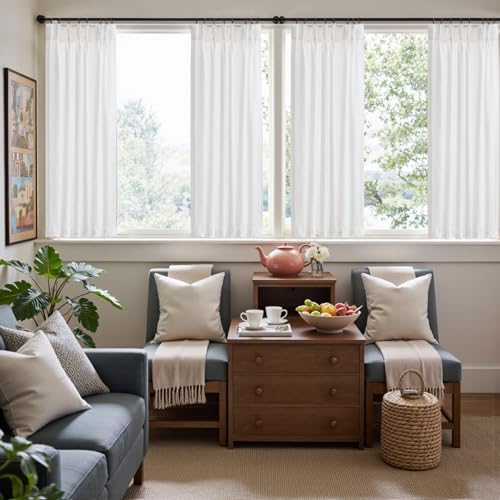 jinchan Linen Pinch Pleated Back Tab Tier Curtains, 38x54, White - Image 3