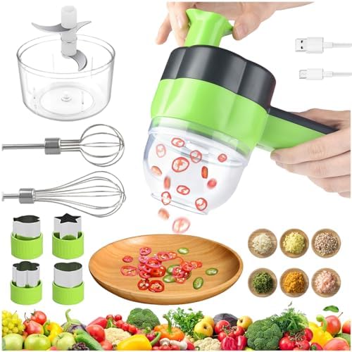 Electric Vegetable Slicer Set Vegetable Cutter 4 in 1 Portable, Rechargeable, Wireless Food Processor & Chopper Machine Mixer Food Slice for Home Kitchen Garlic Pepper Chili Onion Celery Ginger Meat by TOGETDREAM