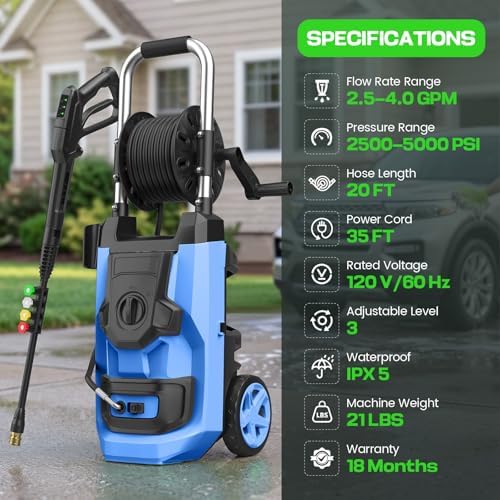 2026 New 5000 PSI Electirc Pressure Washer with 3 Levels Adjustable Pressure Gun, 4 Nozzles and Foam Cannon, Heavy Duty Power Washer for Home/Car/Fence/Garden, 20FT Hose+35FT GFCI Cord, Blue - Image 3