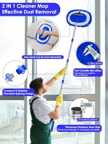 2 in 1 Lightweight Wall Cleaner Mop with Long Handle 75" 190cm Lint-Free Duster Cleaning Tool 2 Replacement Microfiber Chenille Pads for Kitchen Baseboard Ceiling Floor Window Door Scrubber Brush,Blue - Image 2