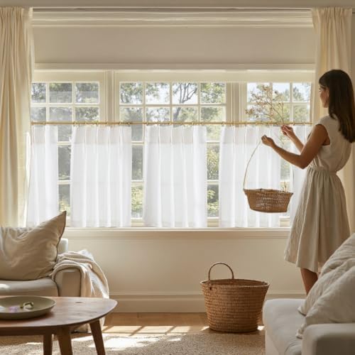 jinchan Linen Pinch Pleated Back Tab Tier Curtains, 26x24, White - Image 3