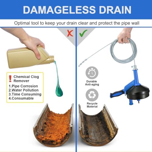 Drain Auger, Clog Remover with Drill Adapter, 25 Feet Flexible Plumbing Snake Use Manually or Powered for Kitchen, Bathroom and Shower Sink, Comes with Gloves (blue) - Image 5