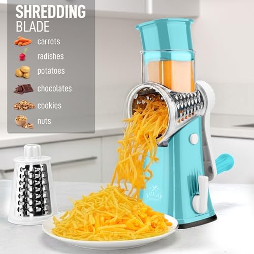 Rotary Cheese Grater Manual Hand Crank 5 Blade Shredder, White & Light Blue | 5 Interchangeable Drums With Reinforced Suction Non-Slip Base Kitchen Countertops for Fresh Cheese, Vegetables & Other Food - Image 3
