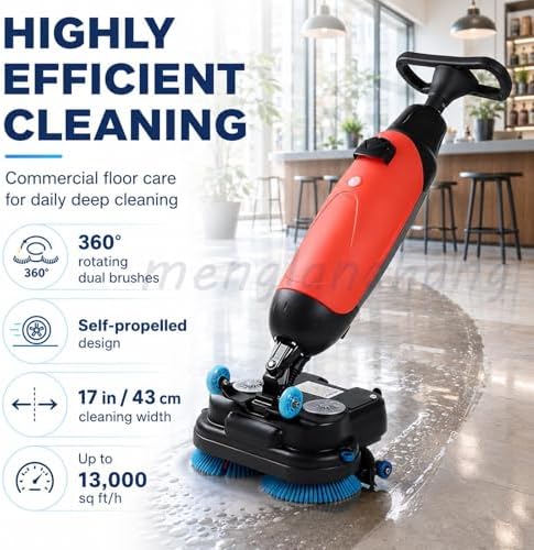 Cordless Floor Scrubber For Small Commercial Spaces,17In 140aw Walk-Behind Cleaning Machine W/360° Rotation Dual Brush/Squeegee Width 430mm-For Offices,Restaurants, Salons Retail Stores Red - Image 2