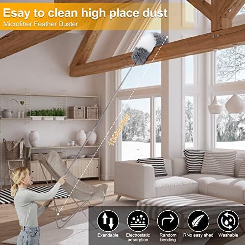 Microfiber Duster for Cleaning Fan, High Ceiling, Blinds, Furniture, Cars , 9PCS Extendable Feather Duster (Stainless Steel) 30 to 100 Inches, Reusable Bendable Washable - Image 2