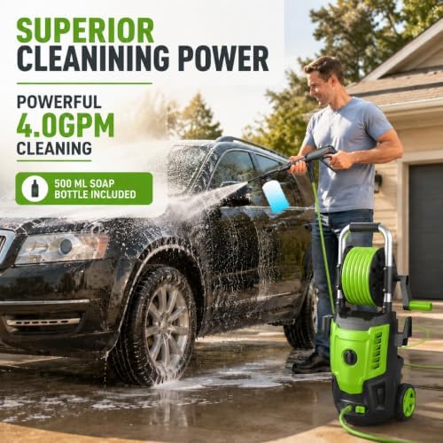 2026 New Electric Pressure Washer 4800 PSI 4.0GPM High Power Washer with 33ft Hose Reel,4 Nozzles and Foam Cannon for Cars/Home/Driveways/Patios/Fences, Green - Image 6