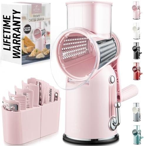 Rotary Cheese Grater Manual Hand Crank 5 Blade Shredder, Classic Pink by ZulayKitchen