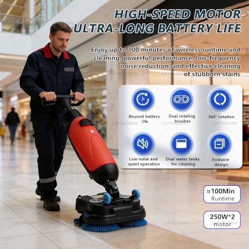 Commercial Electric Floor Scrubber Tile Polisher,Carpet Extractor Power Scrub Brush,360°Rotating,Self-Propelled,Convenient Cordless,for Tile,Hard Floor Cleaning Red - Image 2